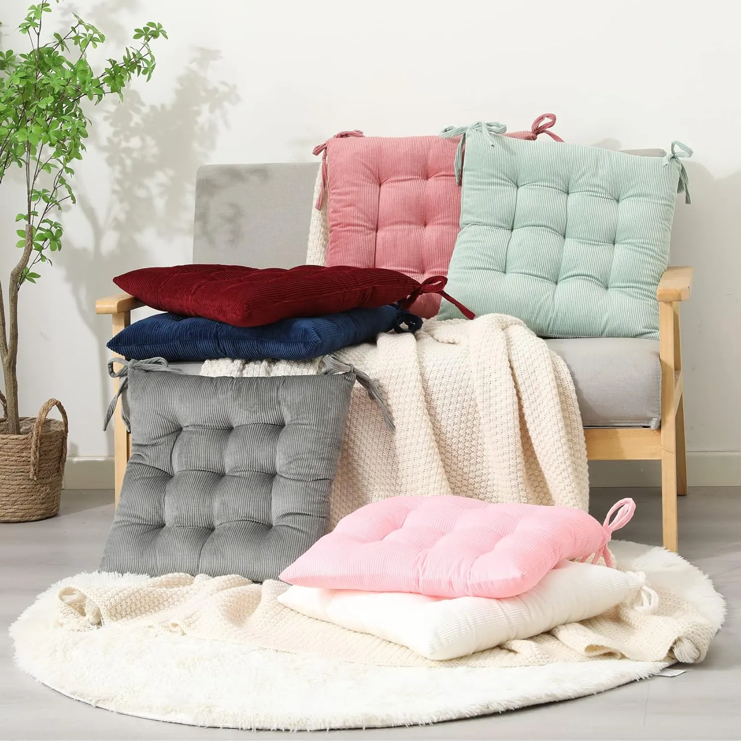 HLOVME Corduroy Chair Cushion with Ties Ultra Soft Warm Floor Cushion for Kids Reading Nook Comfortable Square Seat Cushion for Adult 15.7”x15.7” Set of 2, Cosmos