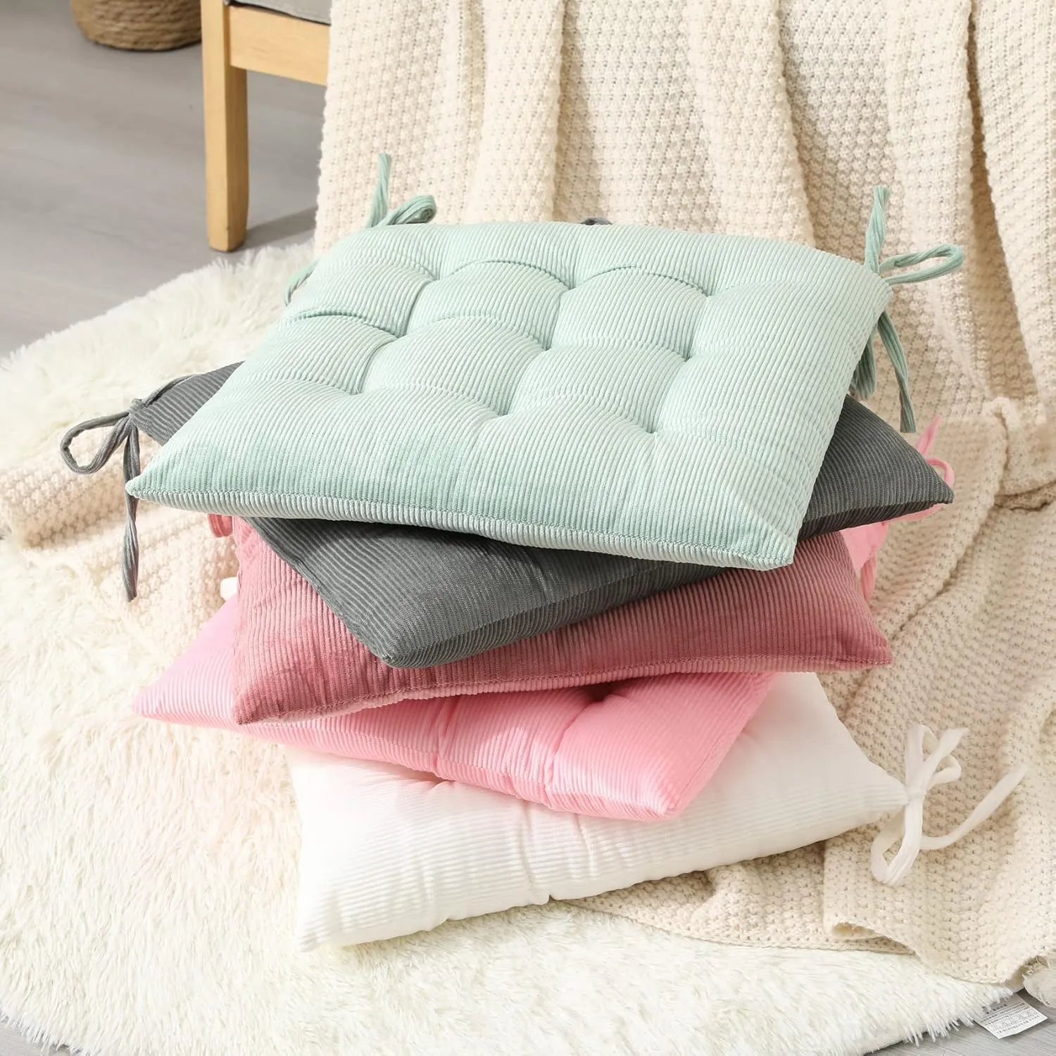 HLOVME Corduroy Chair Cushion with Ties Ultra Soft Warm Floor Cushion for Kids Reading Nook Comfortable Square Seat Cushion for Adult 15.7”x15.7” Set of 2, Cosmos