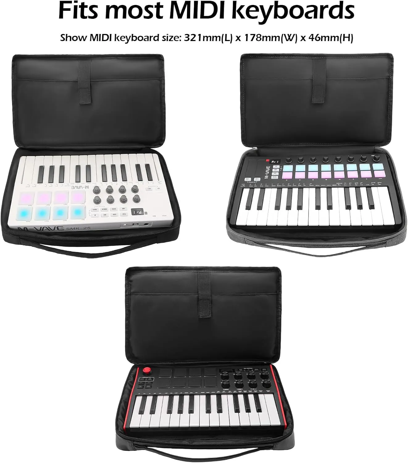 Hoerev MIDI Keyboard Carrying Case, Soft Travel Bag, 13 x 7 x 2 inches (Black, 13"(L) x 7"(W) x 2"(H))