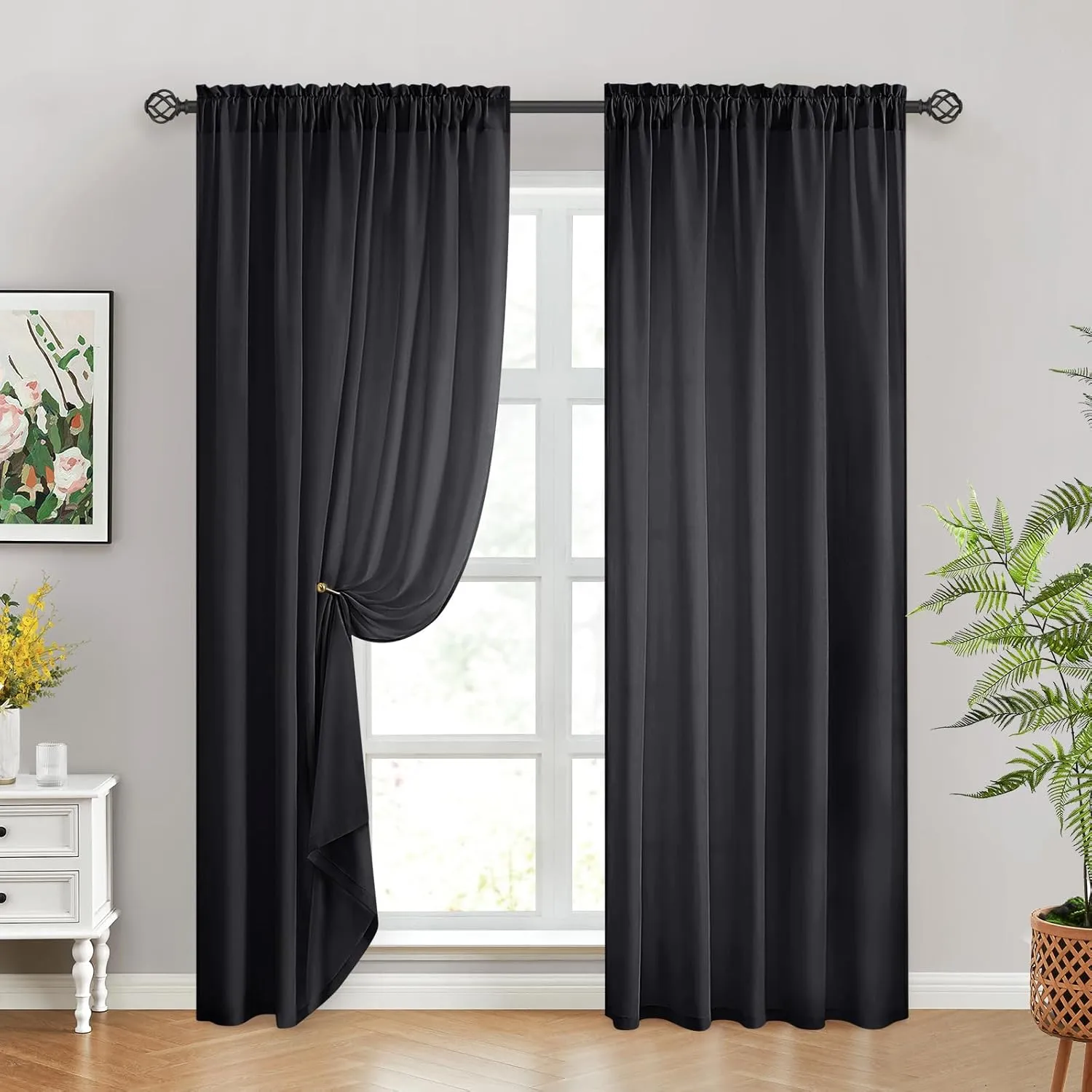 HOMEIDEAS Non-See-Through Black Privacy Sheer Curtains, 52 X 84 Inches Long 2 Panels Sheer Curtains Light Filtering Window Drapes for Bedroom Living Room