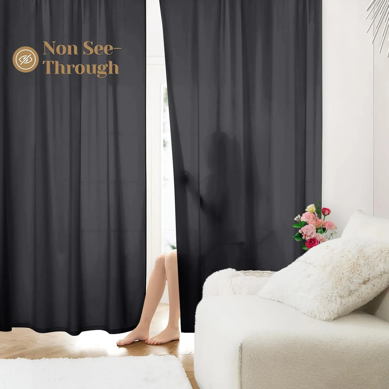 HOMEIDEAS Non-See-Through Black Privacy Sheer Curtains, 52 X 84 Inches Long 2 Panels Sheer Curtains Light Filtering Window Drapes for Bedroom Living Room