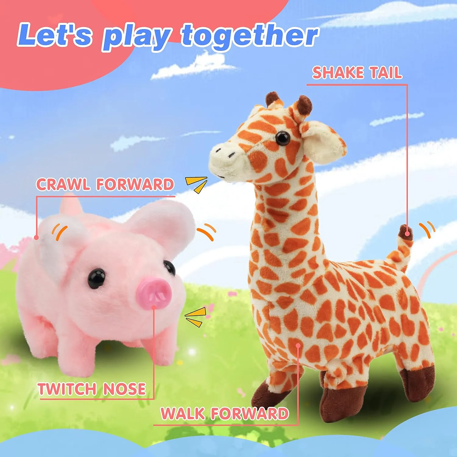 Hopearl Walking Piggy Pet Interactive Crawling Piglet Electronic Plush Toy Pig Oink Twitch Nose Wag Tail Animated Gifts for Toddlers Birthday, Pink, 8''