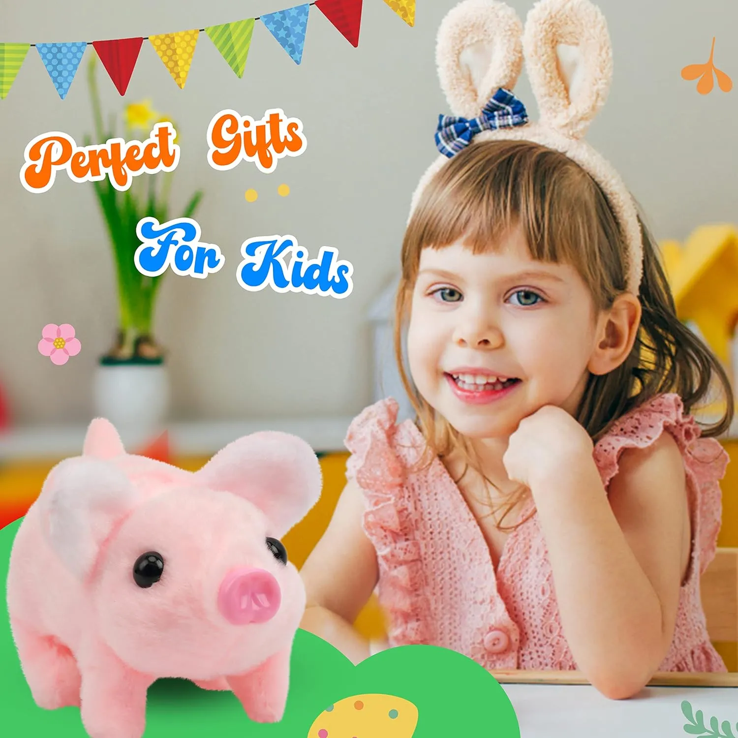 Hopearl Walking Piggy Pet Interactive Crawling Piglet Electronic Plush Toy Pig Oink Twitch Nose Wag Tail Animated Gifts for Toddlers Birthday, Pink, 8''