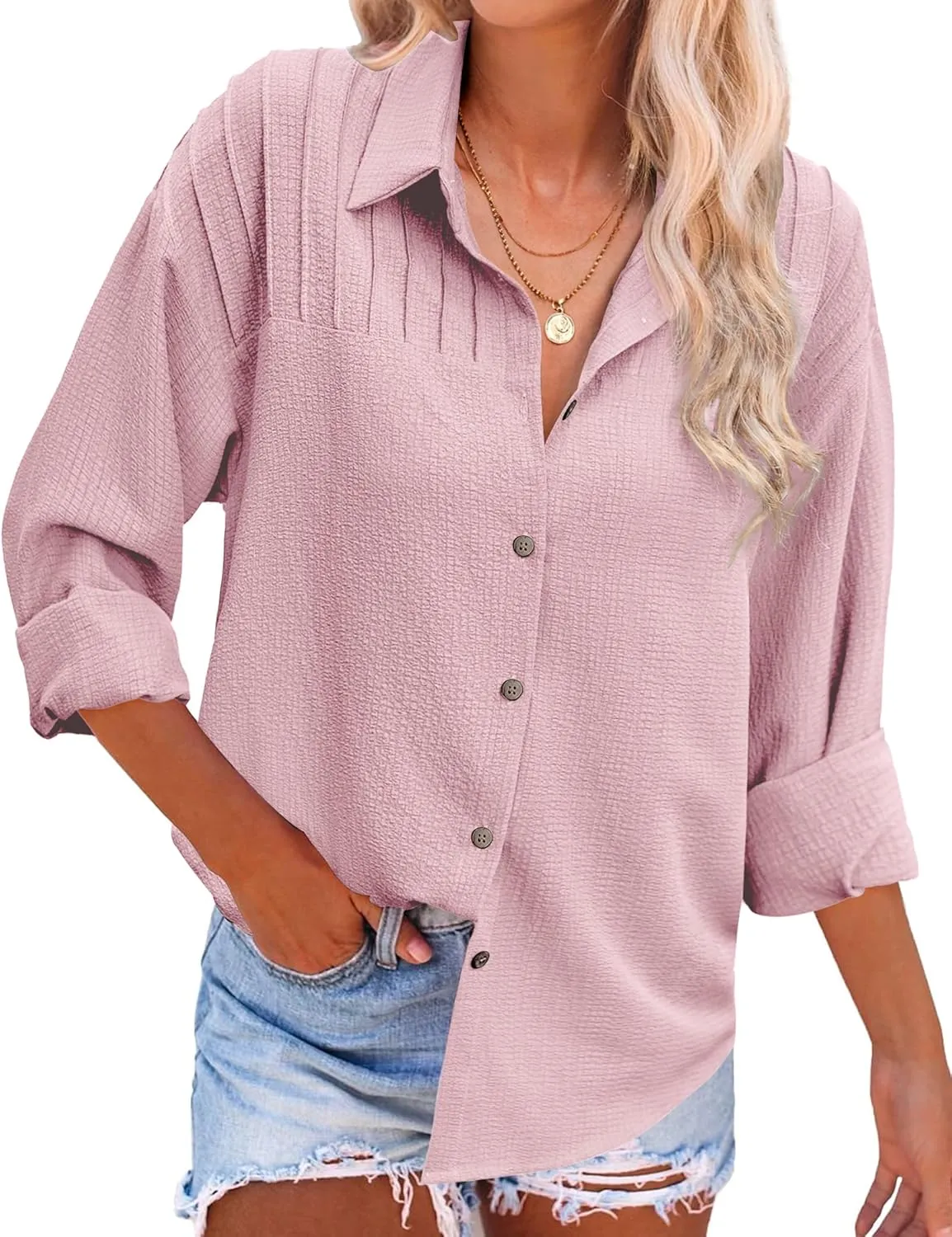 HOTOUCH Womens Long Sleeve Button Down Shirts Oversized Collared Drop Shoulder Work Tops Textured Loose Blouse S-XXXL