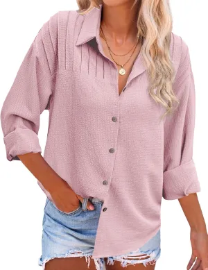 HOTOUCH Womens Long Sleeve Button Down Shirts Oversized Collared Drop Shoulder Work Tops Textured Loose Blouse S-XXXL