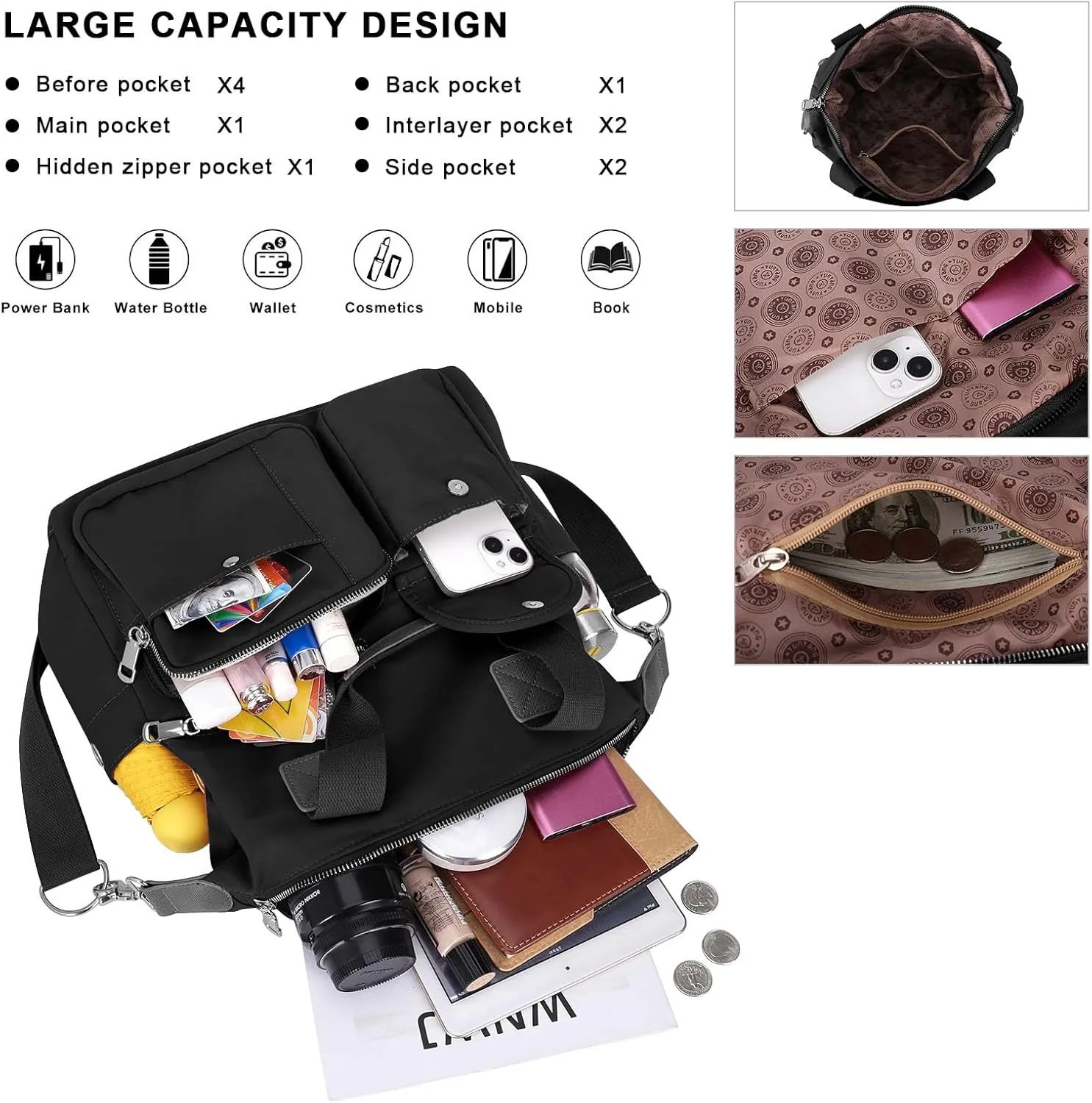 HUA ANGEL Women's Top-handle Handbags Nylon Crossbody Bag Multi Pocket Purses Women for Travel Work Sport Shopping Everyday