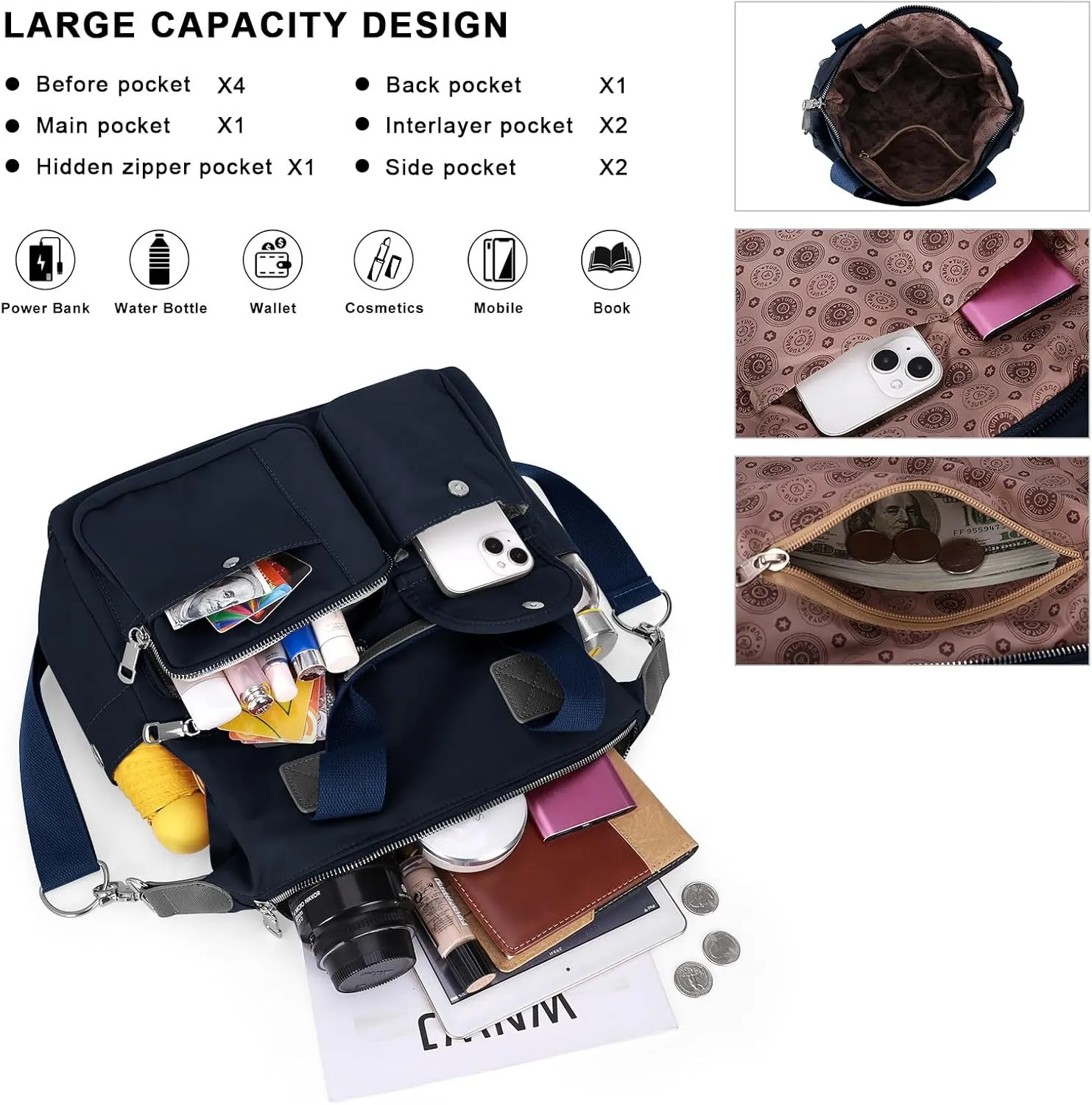 HUA ANGEL Women's Top-handle Handbags Nylon Crossbody Bag Multi Pocket Purses Women for Travel Work Sport Shopping Everyday