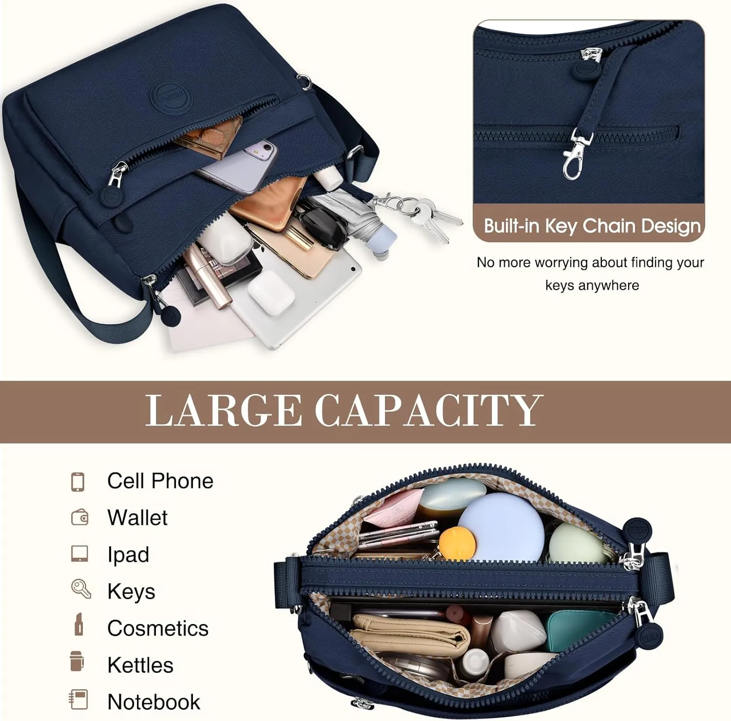 HUANLANG Nylon Crossbody Bags for Women Large Lightweight Travel Purse Women's Pocketbooks Multi Pocket Shoulder Bag