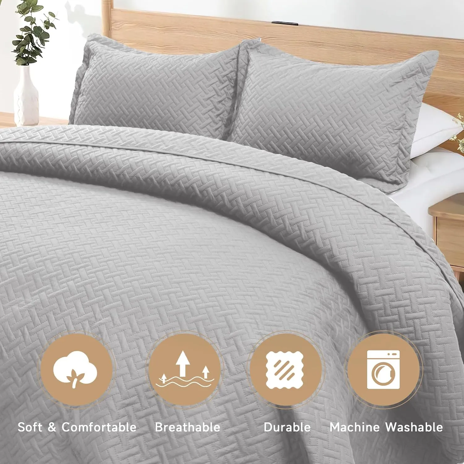 HYLEORY Quilt Set King Size - Soft Lightweight Quilts Summer Quilted Bedspreads - Reversible Coverlet Bedding Set for All Season 3 Piece (1 Quilt, 2 Pillow Shams) - Light Grey