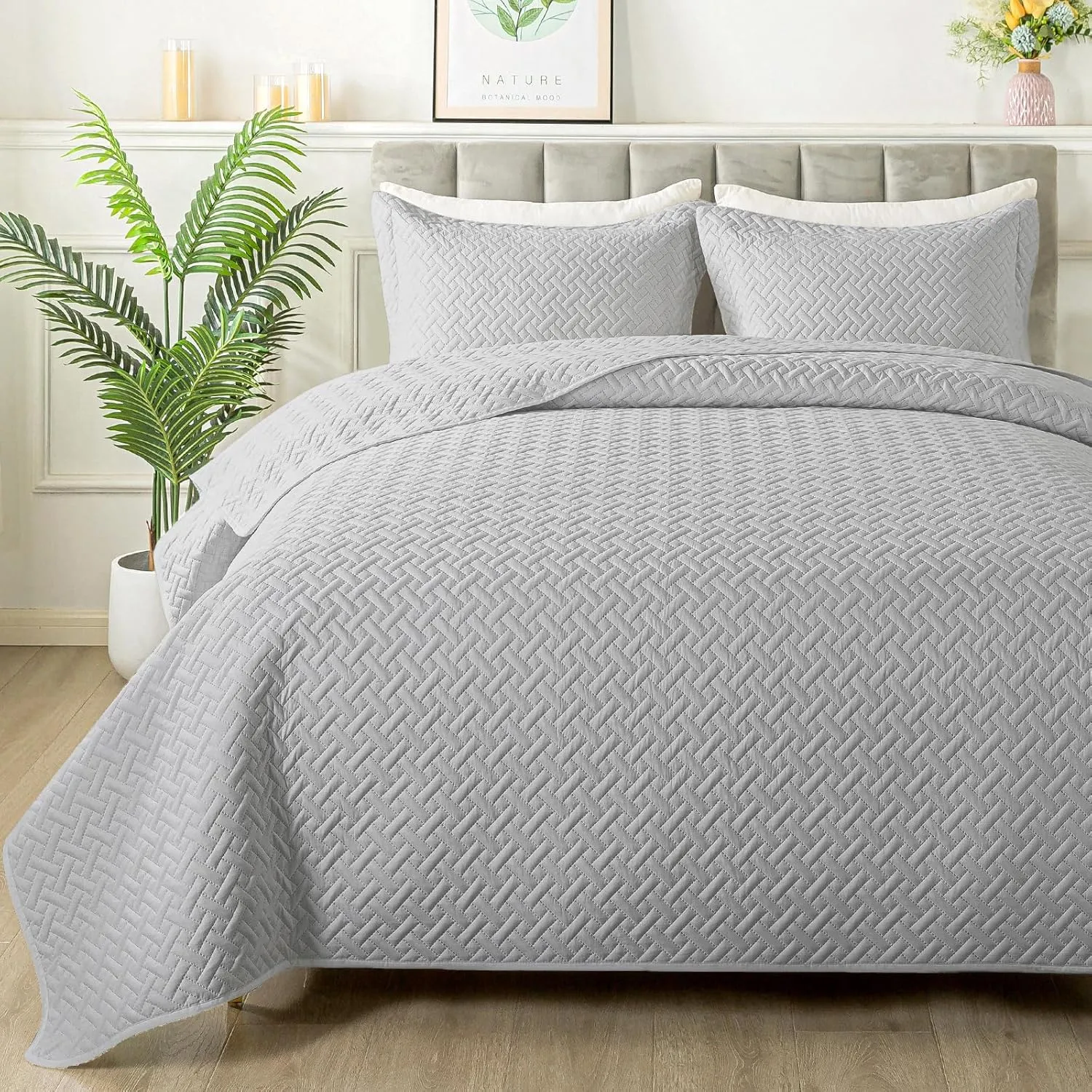 HYLEORY Quilt Set King Size - Soft Lightweight Quilts Summer Quilted Bedspreads - Reversible Coverlet Bedding Set for All Season 3 Piece (1 Quilt, 2 Pillow Shams) - Light Grey