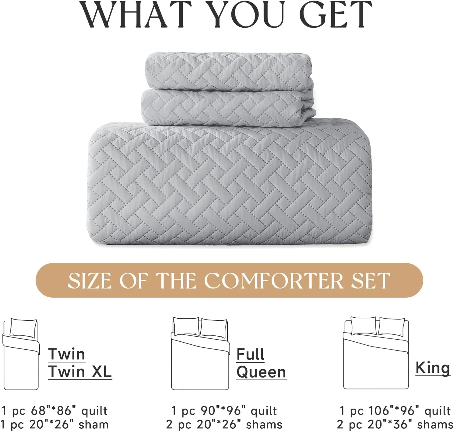 HYLEORY Quilt Set King Size - Soft Lightweight Quilts Summer Quilted Bedspreads - Reversible Coverlet Bedding Set for All Season 3 Piece (1 Quilt, 2 Pillow Shams) - Light Grey
