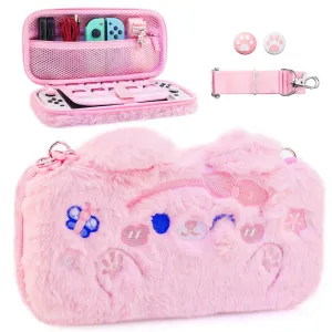 HYPERCASE Pink Plush Cat Switch Carry Case Girly Pouch for Nintendo Switch/ Switch OLED Console & Accessories Storage, Portable NS/OLED Switch Travel Bag with Shoulder Strap & 2 Cute Thump Caps