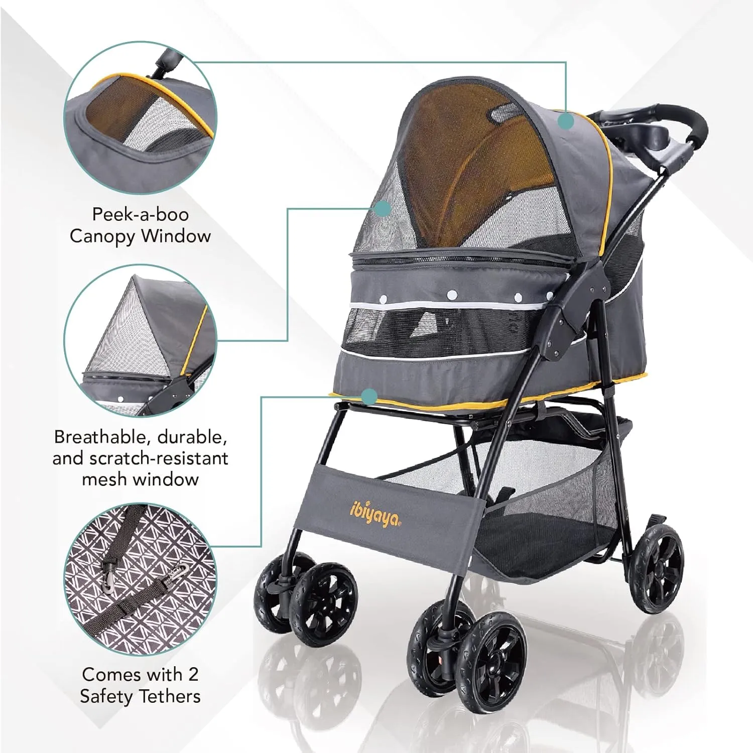 ibiyaya - Cloud 9 Pet Stroller for Small Dogs, Medium Dogs, Cats - Lightweight Dog Stroller with One-Step Folding Design and Adjustable Handle - Ideal for Indoors, Outdoors - Fits up to 44lbs (Yellow)