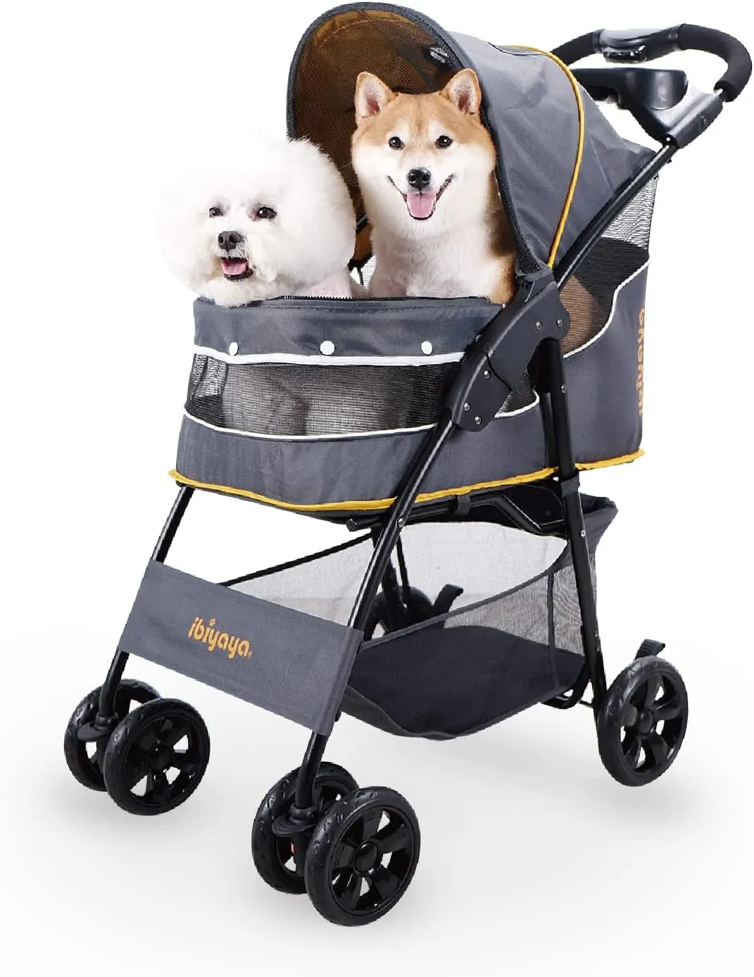 ibiyaya - Cloud 9 Pet Stroller for Small Dogs, Medium Dogs, Cats - Lightweight Dog Stroller with One-Step Folding Design and Adjustable Handle - Ideal for Indoors, Outdoors - Fits up to 44lbs (Yellow)