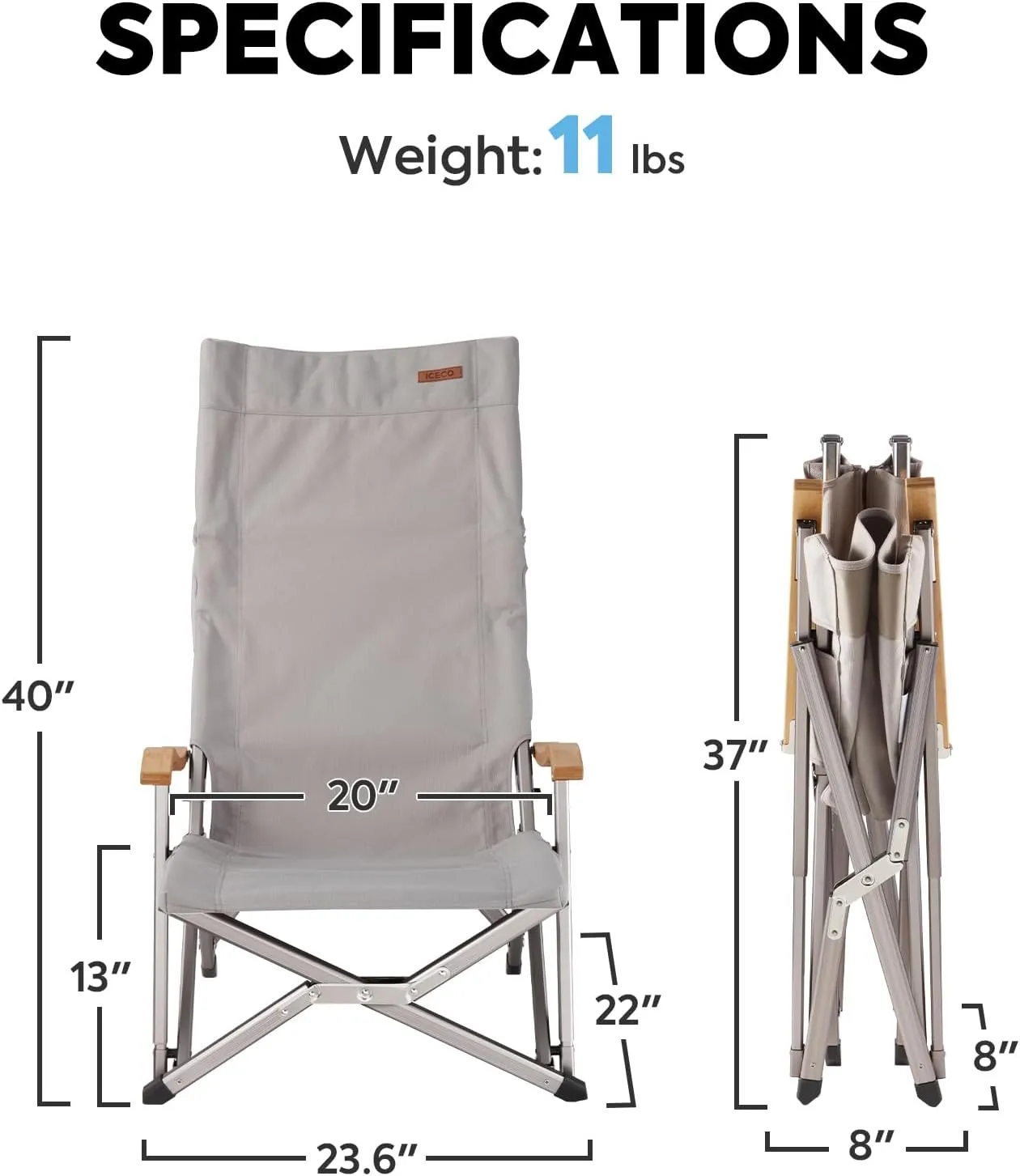 ICECO Low Camping Chairs for Adults, Hold Up 600 LBS, Heavy Duty Folding Chair for Outside, Portable Outdoor Backpack Camping Chairs with Storage Bag, 10 Years Warranty