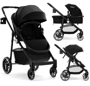 INFANS 2 in 1 Baby Stroller, High Landscape Infant Stroller & Reversible Bassinet Pram, Foldable Pushchair with Adjustable Canopy, Storage Basket, Cup Holder, Suspension Wheels (Black)