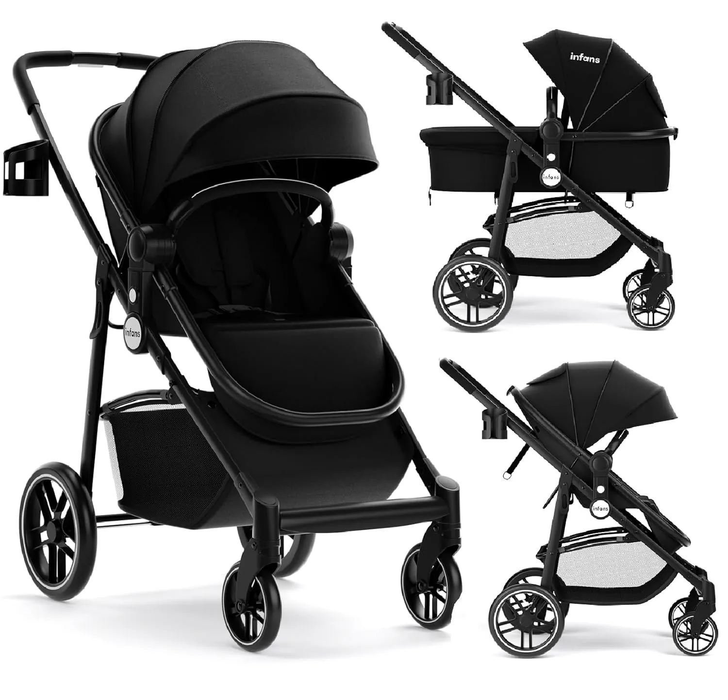 INFANS 2 in 1 Baby Stroller, High Landscape Infant Stroller & Reversible Bassinet Pram, Foldable Pushchair with Adjustable Canopy, Storage Basket, Cup Holder, Suspension Wheels (Black)