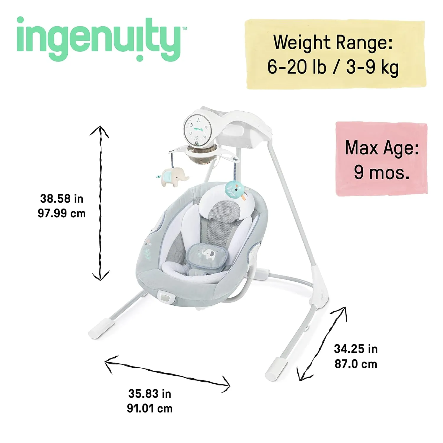 Ingenuity InLighten Soothing Swing - Swivel Infant Seat, Soothing Sounds, Lightweight Mesh - Dakota