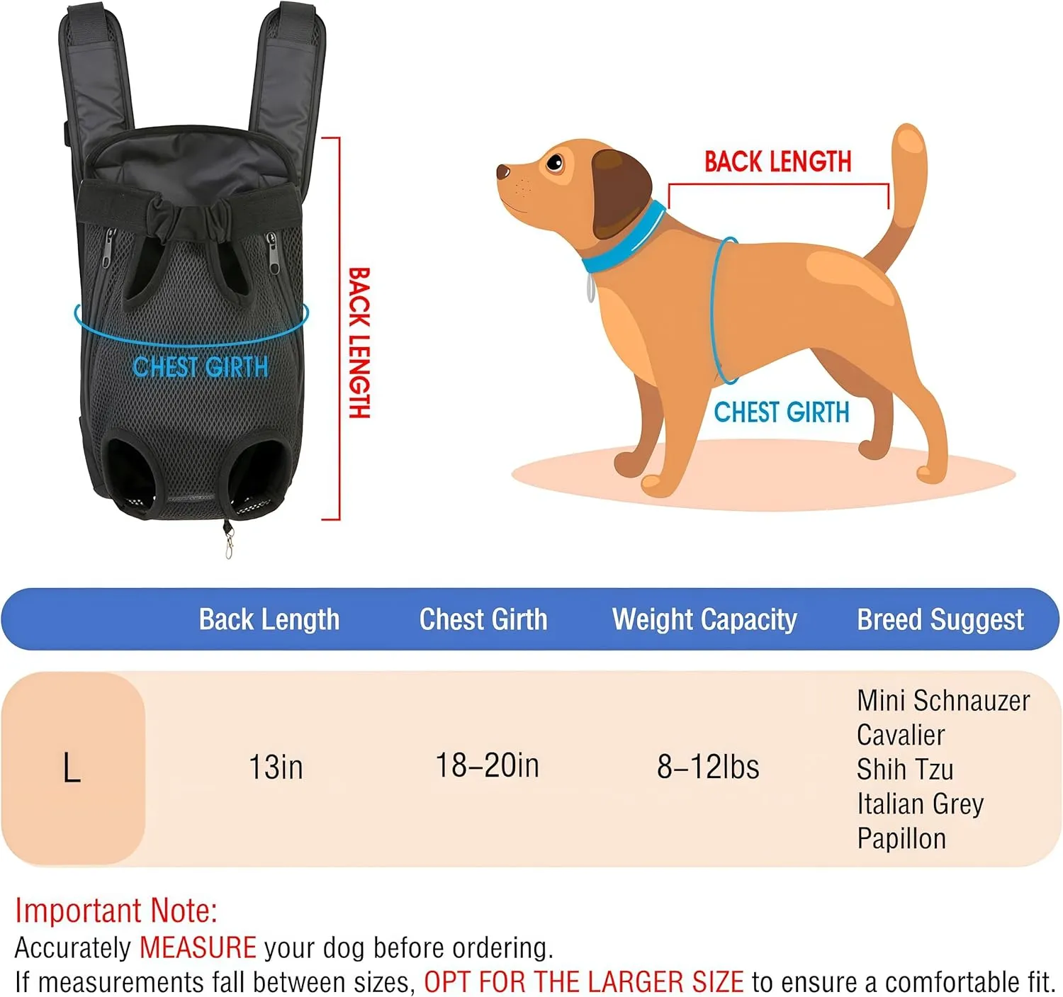 Inspack Dog Backpack Carrier, Adjustable Pet Cat Dog Front Carriers Back Pack, Dog Travel Bag, Dog Chest Carrier,Dog Carriers for Dmall Dogs, Cat Sling, Carrying Backpack, L, Black