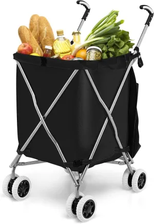 IRONMAX Shopping Cart with Wheels, 90L/120 LBS Lightweight Folding Utility Cart with Dual Swivel Wheels & Protective Cover, Rolling Grocery Cart for Shopping Groceries Laundry (Black)