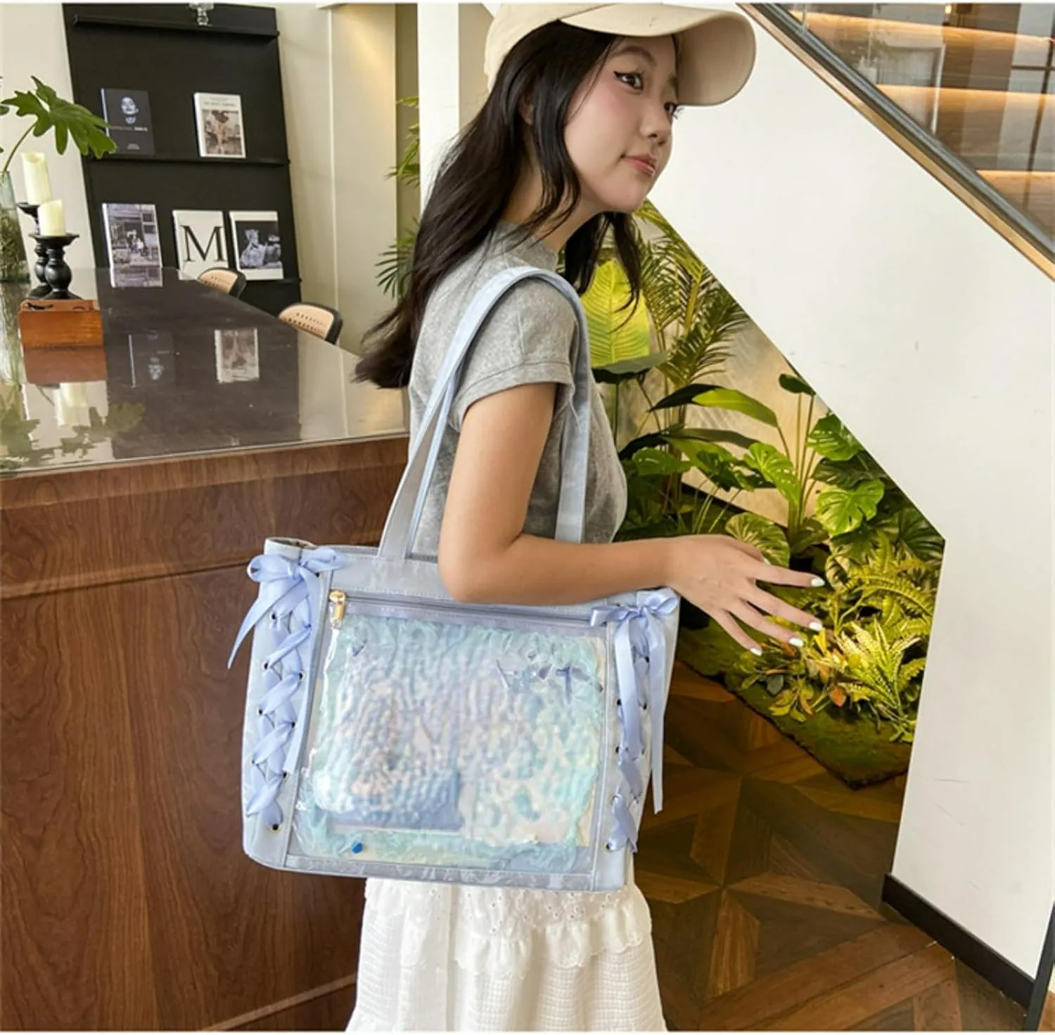 Ita Bag, Cute Bag, Kawaii Large Capacity Transparent Tote with Ribbon Bow