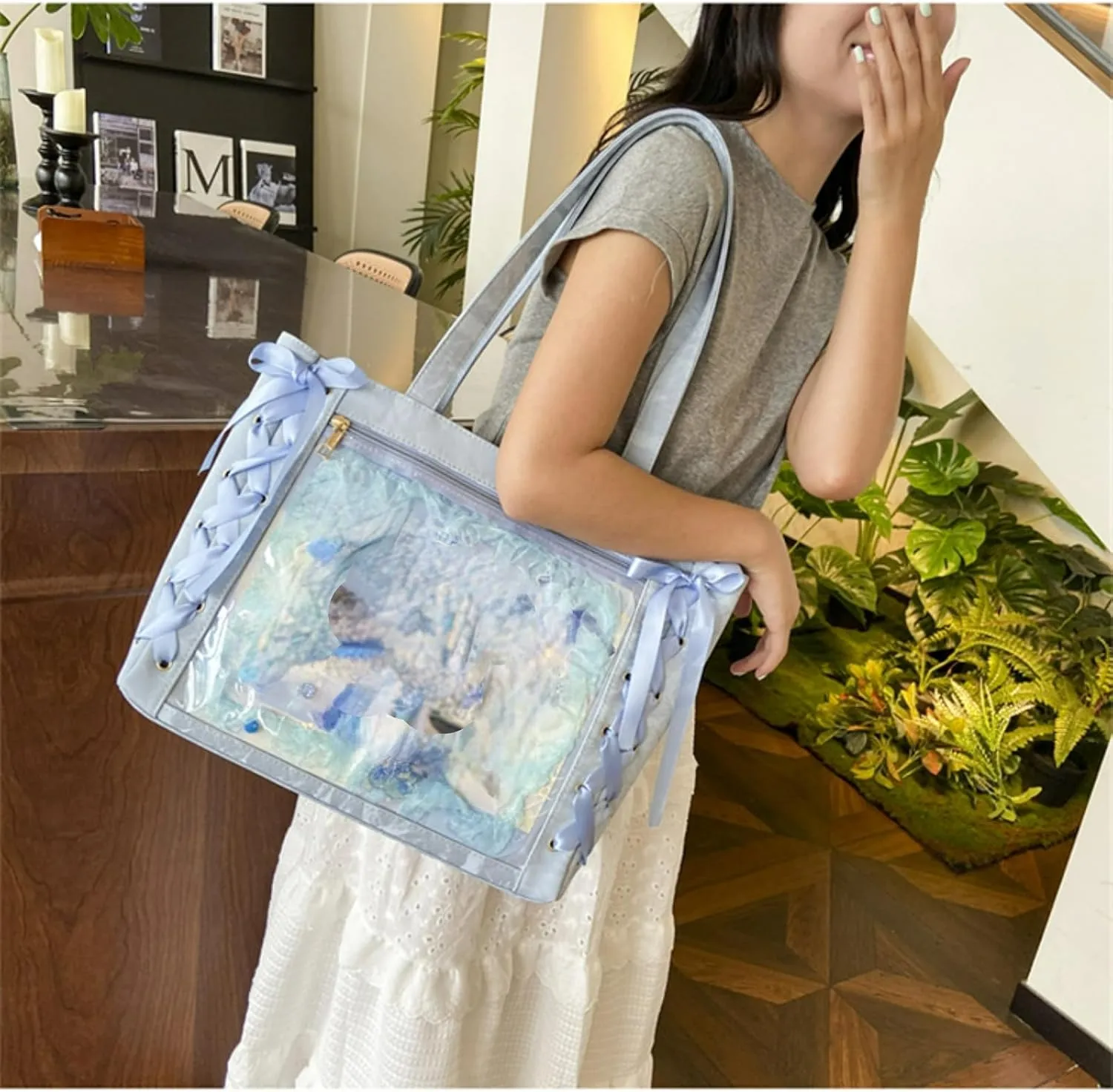 Ita Bag, Cute Bag, Kawaii Large Capacity Transparent Tote with Ribbon Bow