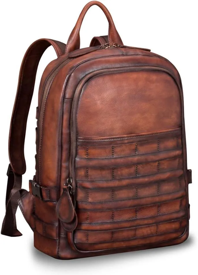 IVTG Genuine Leather Large Backpack for Men Vintage Laptop Knapsack Purse Rucksack Daypack High Capacity for Travel Bag
