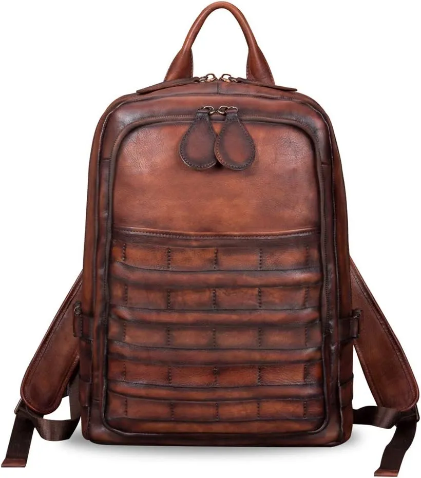 IVTG Genuine Leather Large Backpack for Men Vintage Laptop Knapsack Purse Rucksack Daypack High Capacity for Travel Bag