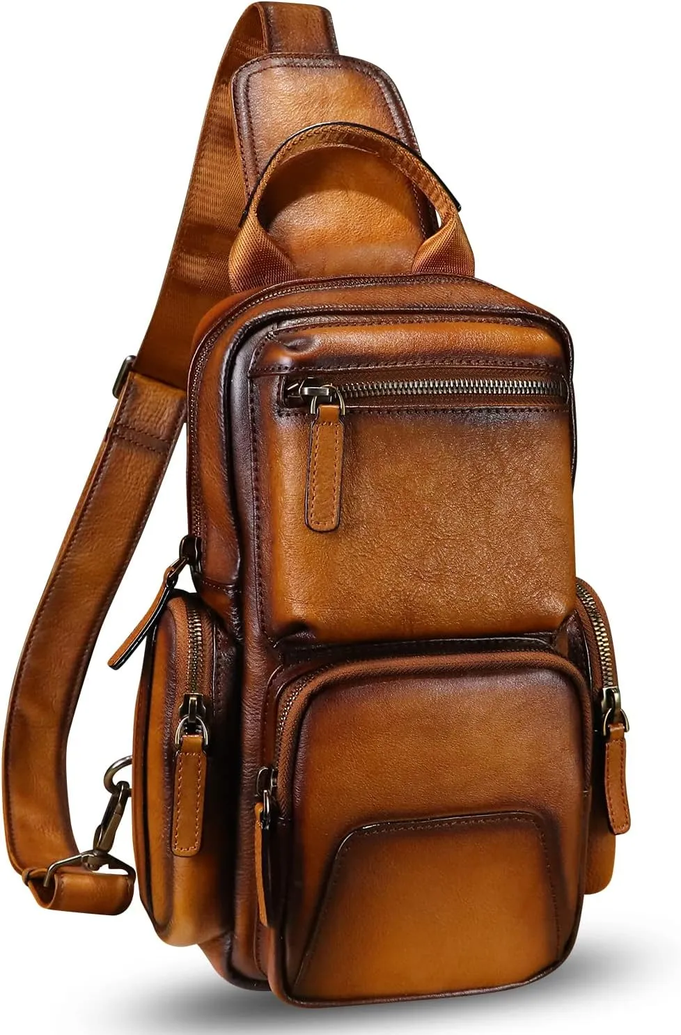 IVTG Genuine Leather Sling Bag Crossbody Casual Hiking Daypack Vintage Handmade Chest Bag Shoulder Backpack Motorcycle Pack (Brown)