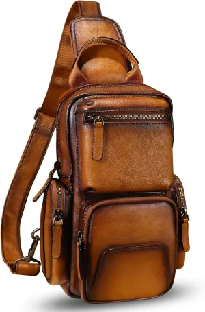IVTG Genuine Leather Sling Bag Crossbody Casual Hiking Daypack Vintage Handmade Chest Bag Shoulder Backpack Motorcycle Pack (Brown)