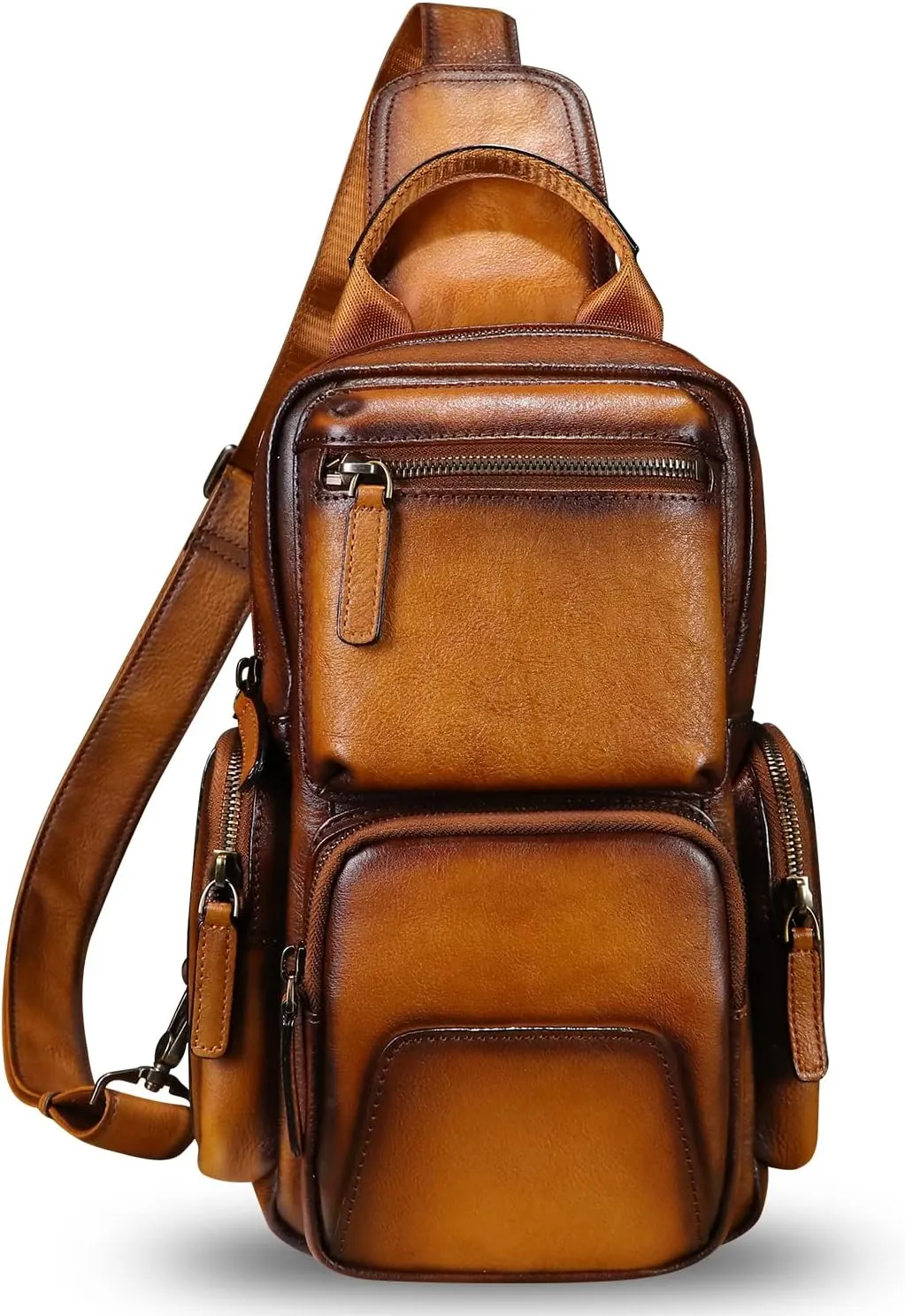 IVTG Genuine Leather Sling Bag Crossbody Casual Hiking Daypack Vintage Handmade Chest Bag Shoulder Backpack Motorcycle Pack (Brown)
