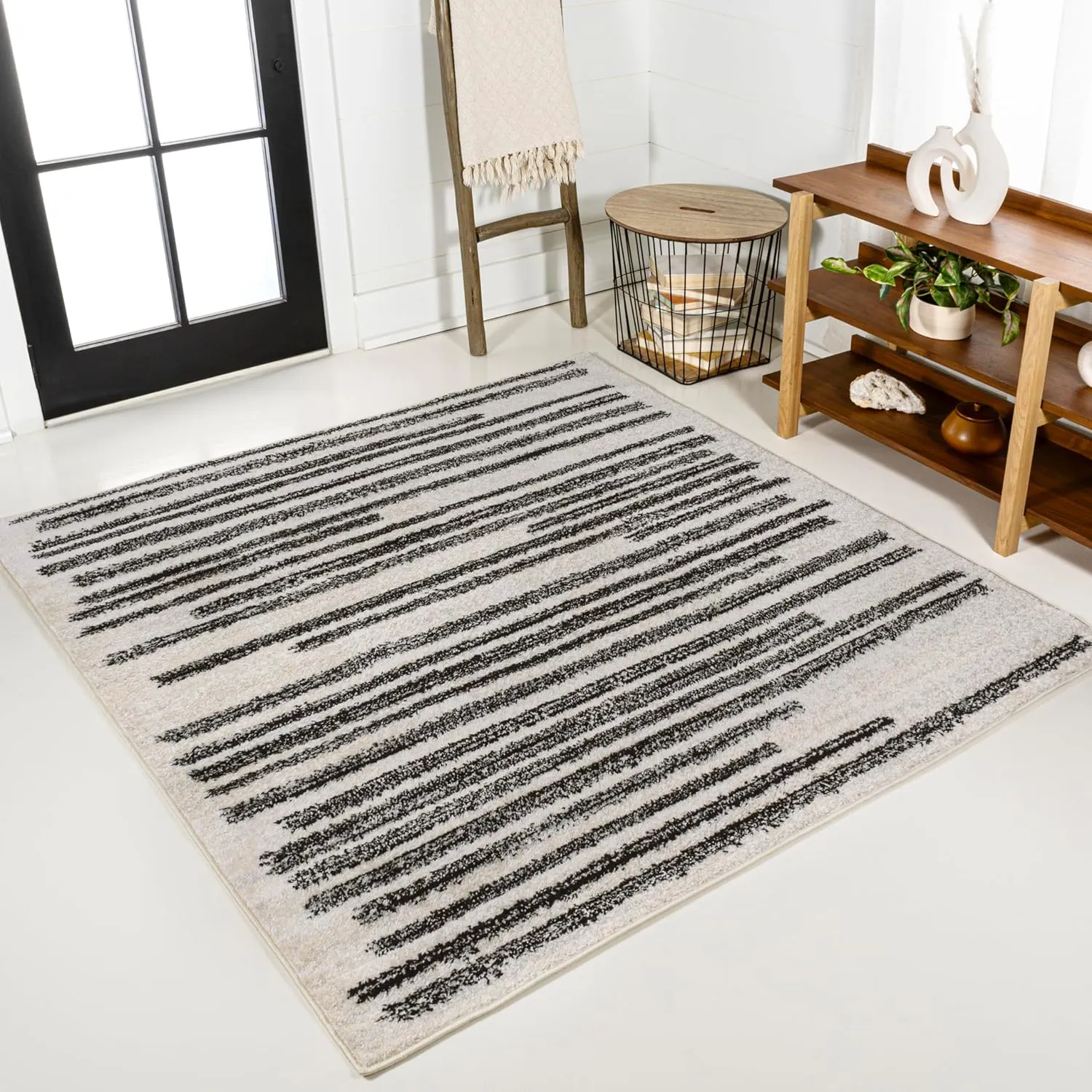 JONATHAN Y MOH207A-8SQ Khalil Modern Berber Stripe Area Rug, Contemporary, Bohemian, Scandinavian, Minimalistic, Rustic for Living Room, Dining Room, Bedroom, Kitchen, Cream/Black, 8' Sqaure