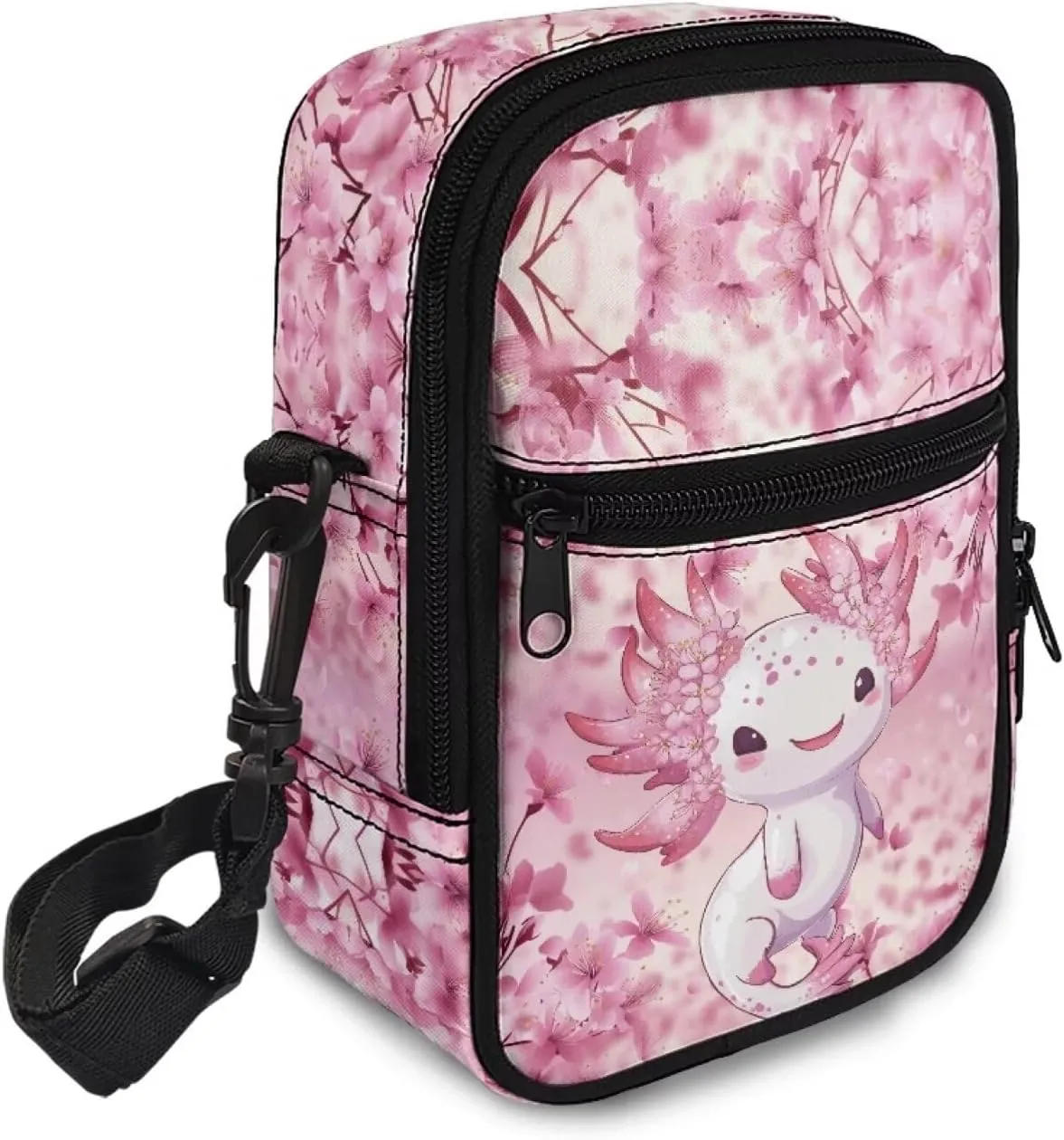 JoyLamoria Women Novelty Crossbody Bag Travel Hiking Daypack Mini Crossbody Purse with Pocket, Cherry Blossoms Axolotl