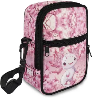 JoyLamoria Women Novelty Crossbody Bag Travel Hiking Daypack Mini Crossbody Purse with Pocket, Cherry Blossoms Axolotl