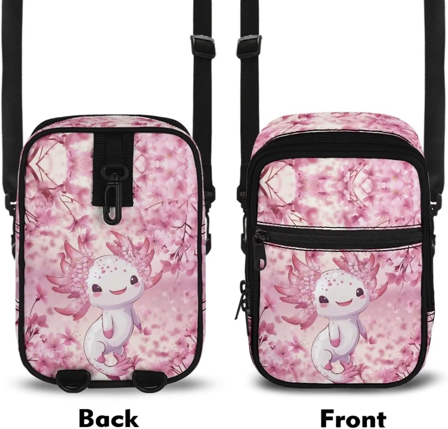 JoyLamoria Women Novelty Crossbody Bag Travel Hiking Daypack Mini Crossbody Purse with Pocket, Cherry Blossoms Axolotl