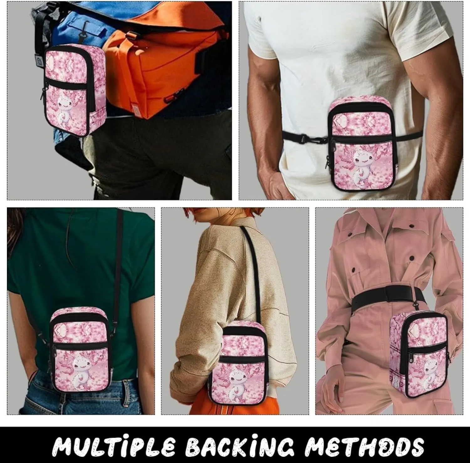 JoyLamoria Women Novelty Crossbody Bag Travel Hiking Daypack Mini Crossbody Purse with Pocket, Cherry Blossoms Axolotl