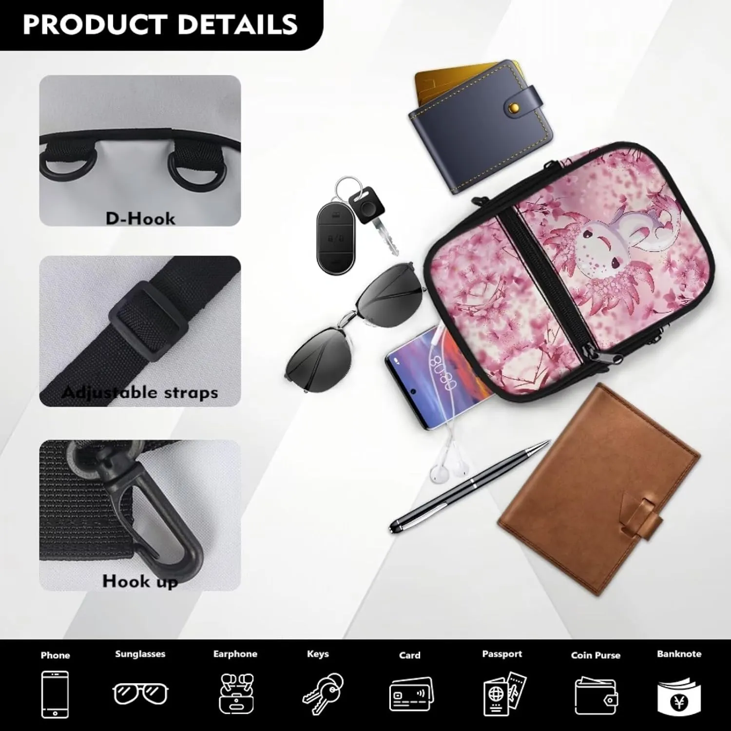 JoyLamoria Women Novelty Crossbody Bag Travel Hiking Daypack Mini Crossbody Purse with Pocket, Cherry Blossoms Axolotl