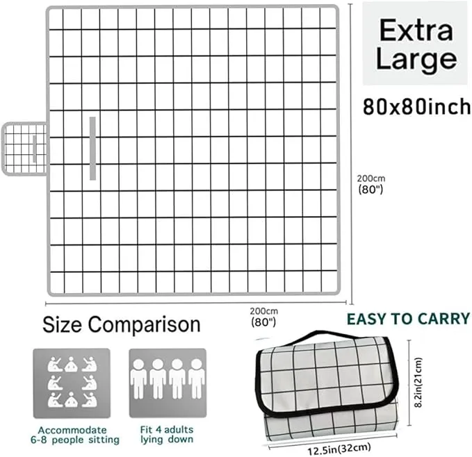 K Y KANGYUN Extra Large Picnic Blanket Outdoor Beach Blankets, Water-Resistant Foldable Sandproof Blankets Cute Picnic Mat for Beach, Camping Grass Lawn Park Mats (White, 80x80 in)