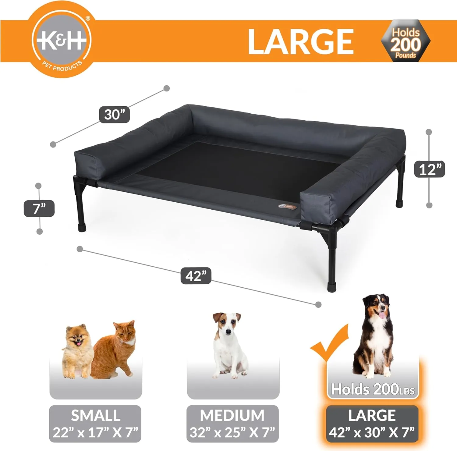 K&H Pet Products Bolster Dog Cot, Cooling Indoor Outdoor Elevated Cot Hammock Dog Bed with Removable Washable Bolsters, Washable Mesh Cover, Raised Metal Frame - Large 42 X 30in Charcoal