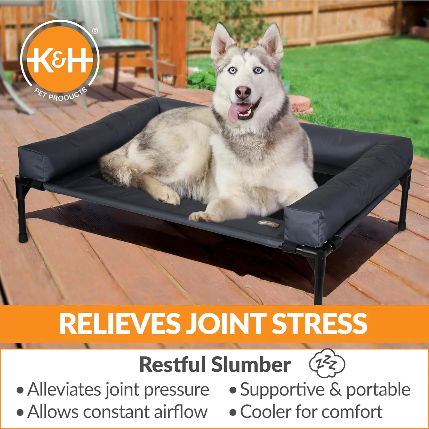 K&H Pet Products Bolster Dog Cot, Cooling Indoor Outdoor Elevated Cot Hammock Dog Bed with Removable Washable Bolsters, Washable Mesh Cover, Raised Metal Frame - Large 42 X 30in Charcoal