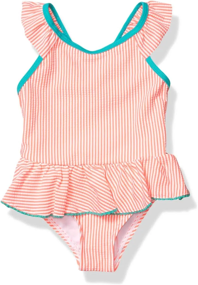 kensie Girls Seersucker Stripe Ruffle Trim One-Piece Swimsuit