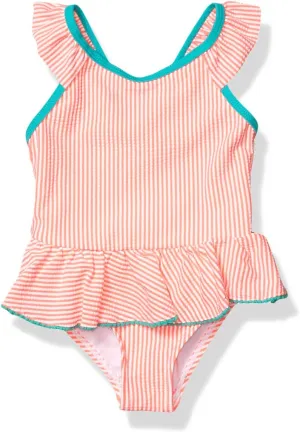 kensie Girls Seersucker Stripe Ruffle Trim One-Piece Swimsuit