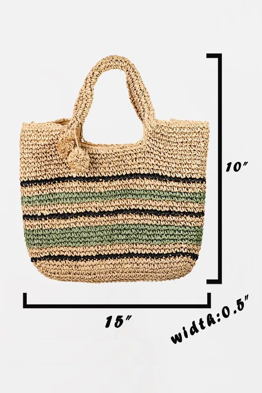 Khaki Green Striped Woven Straw Braided Summer Tote Bag