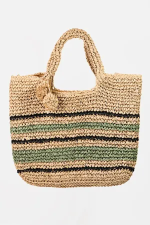 Khaki Green Striped Woven Straw Braided Summer Tote Bag