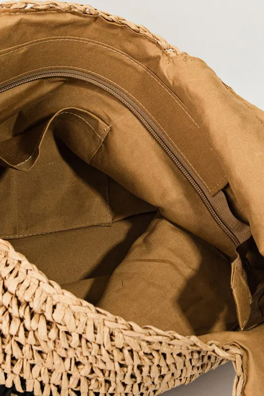 Khaki Green Striped Woven Straw Braided Summer Tote Bag