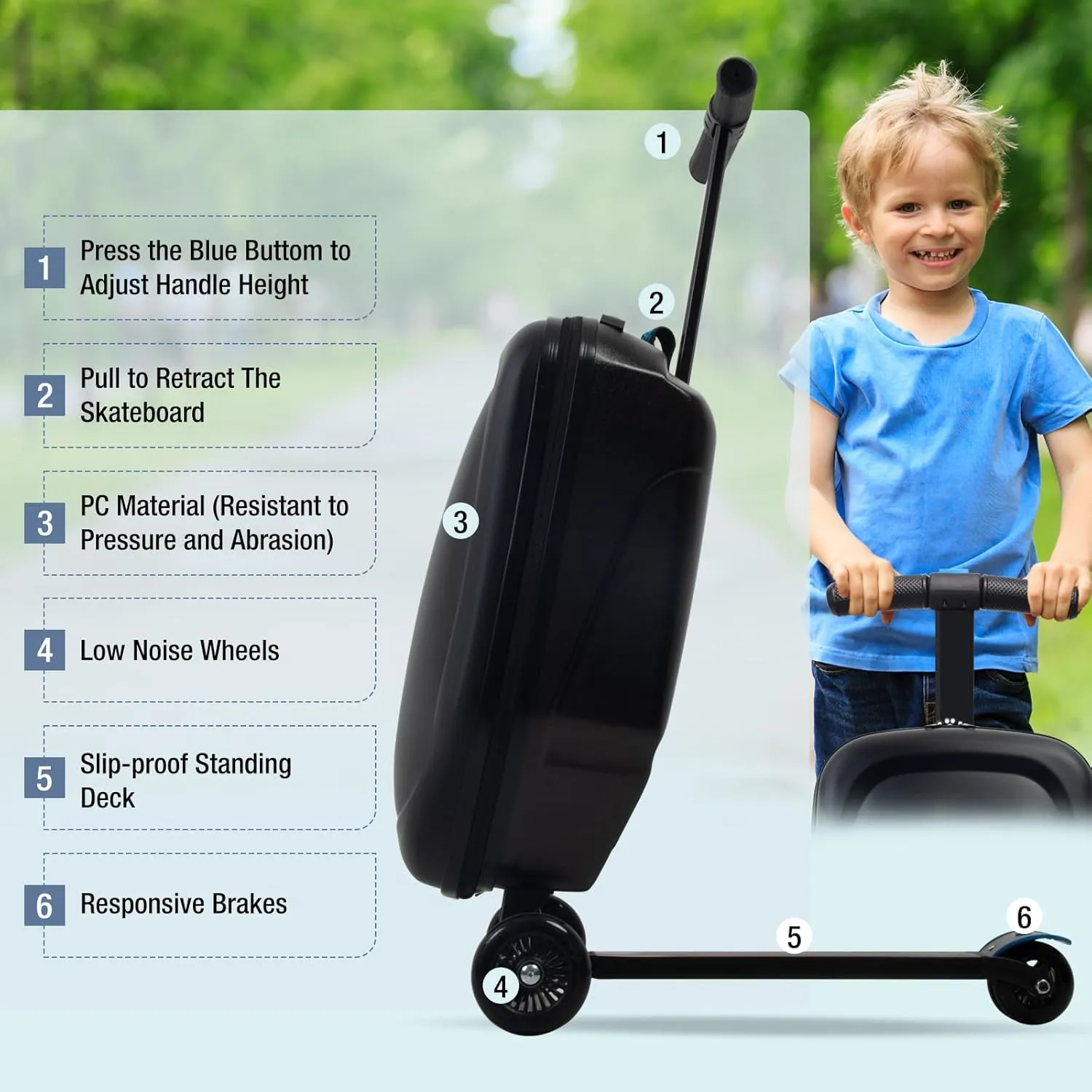 Kids Scooter Luggage, 2- in- 1 Folding Carry On Hardshell Ride On Scooter Suitcase Multifunctional Ride On for Boys & Girls Ages 4-15 | Lightweight Travel Suitcase for Airplane, Check-In