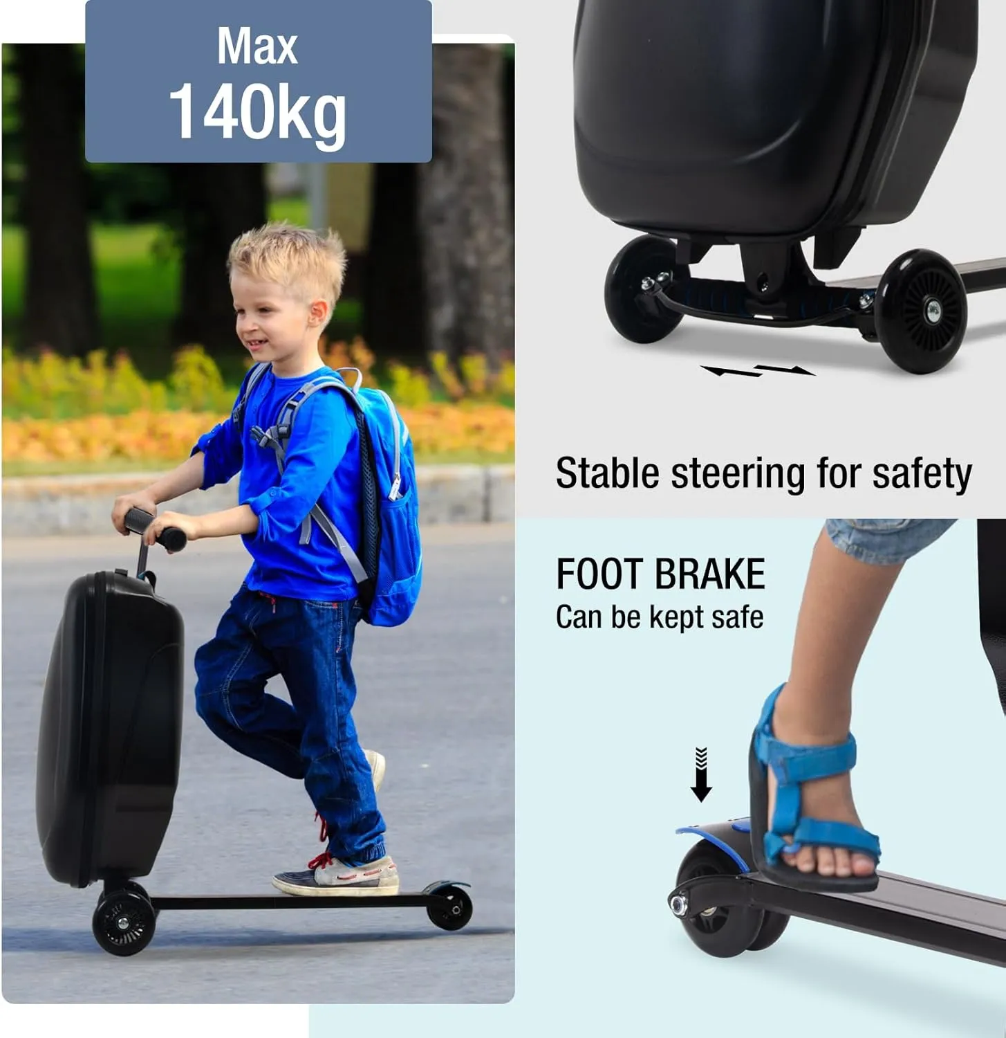 Kids Scooter Luggage, 2- in- 1 Folding Carry On Hardshell Ride On Scooter Suitcase Multifunctional Ride On for Boys & Girls Ages 4-15 | Lightweight Travel Suitcase for Airplane, Check-In