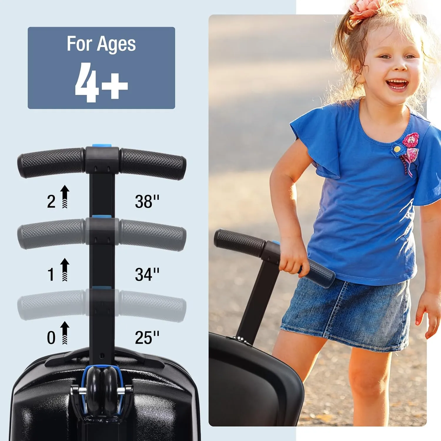 Kids Scooter Luggage, 2- in- 1 Folding Carry On Hardshell Ride On Scooter Suitcase Multifunctional Ride On for Boys & Girls Ages 4-15 | Lightweight Travel Suitcase for Airplane, Check-In