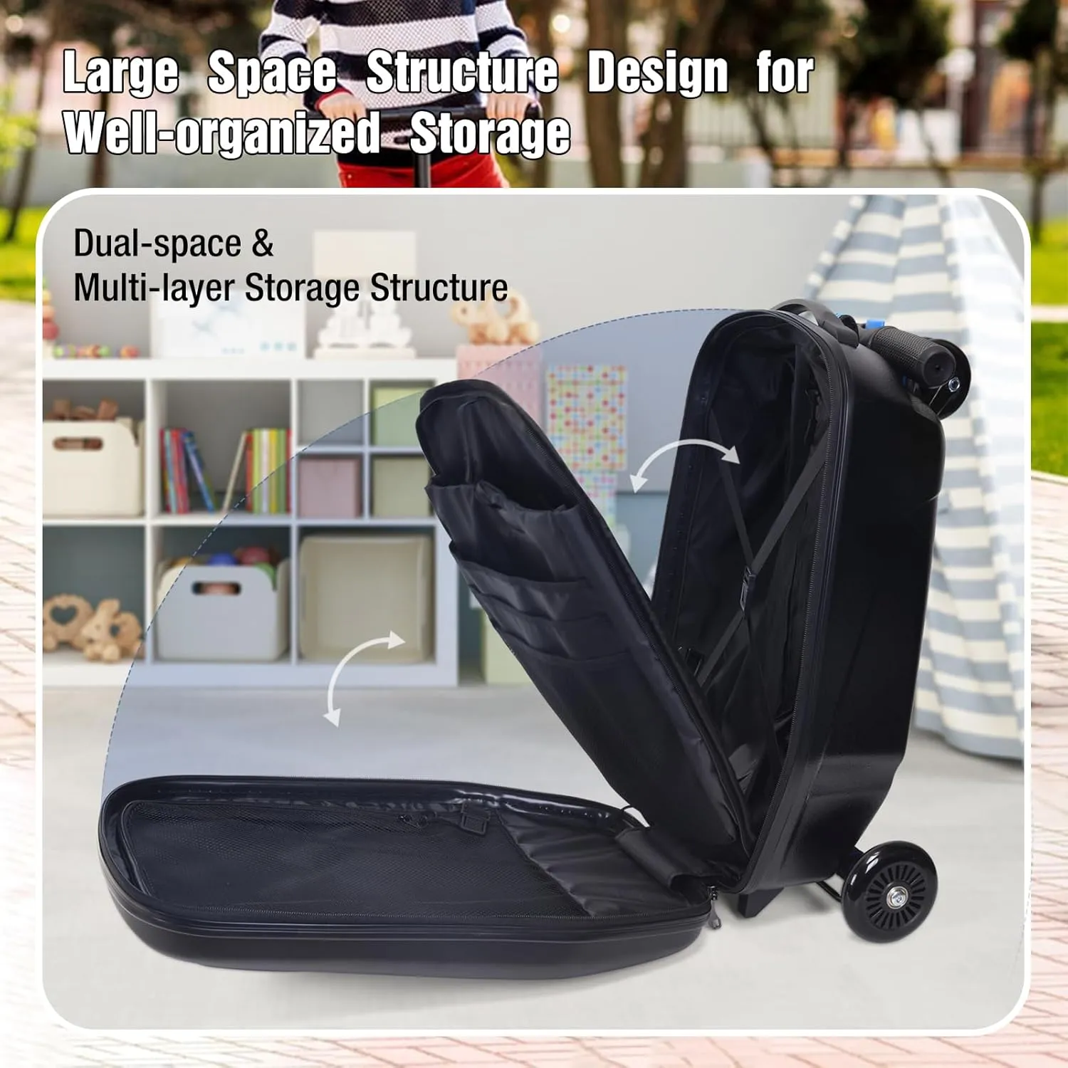 Kids Scooter Luggage, 2- in- 1 Folding Carry On Hardshell Ride On Scooter Suitcase Multifunctional Ride On for Boys & Girls Ages 4-15 | Lightweight Travel Suitcase for Airplane, Check-In