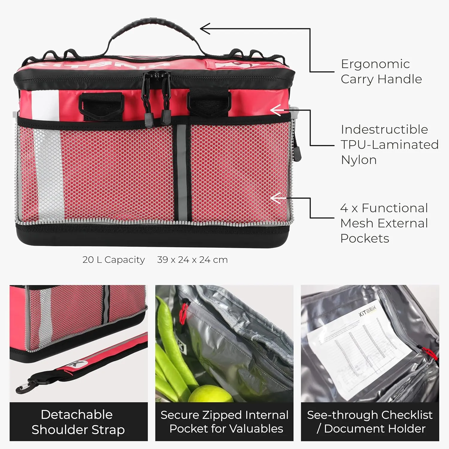 KitBrix Waterproof Sports Duffel Bag, Personal Item Travel Bag 15.3" x 9.4" x 9.4" - Solid Base - Built for Wet, Muddy Gear - Multi-Use Swimming, Gym, Soccer, Camping, Triathlon Transition Bag - Pink